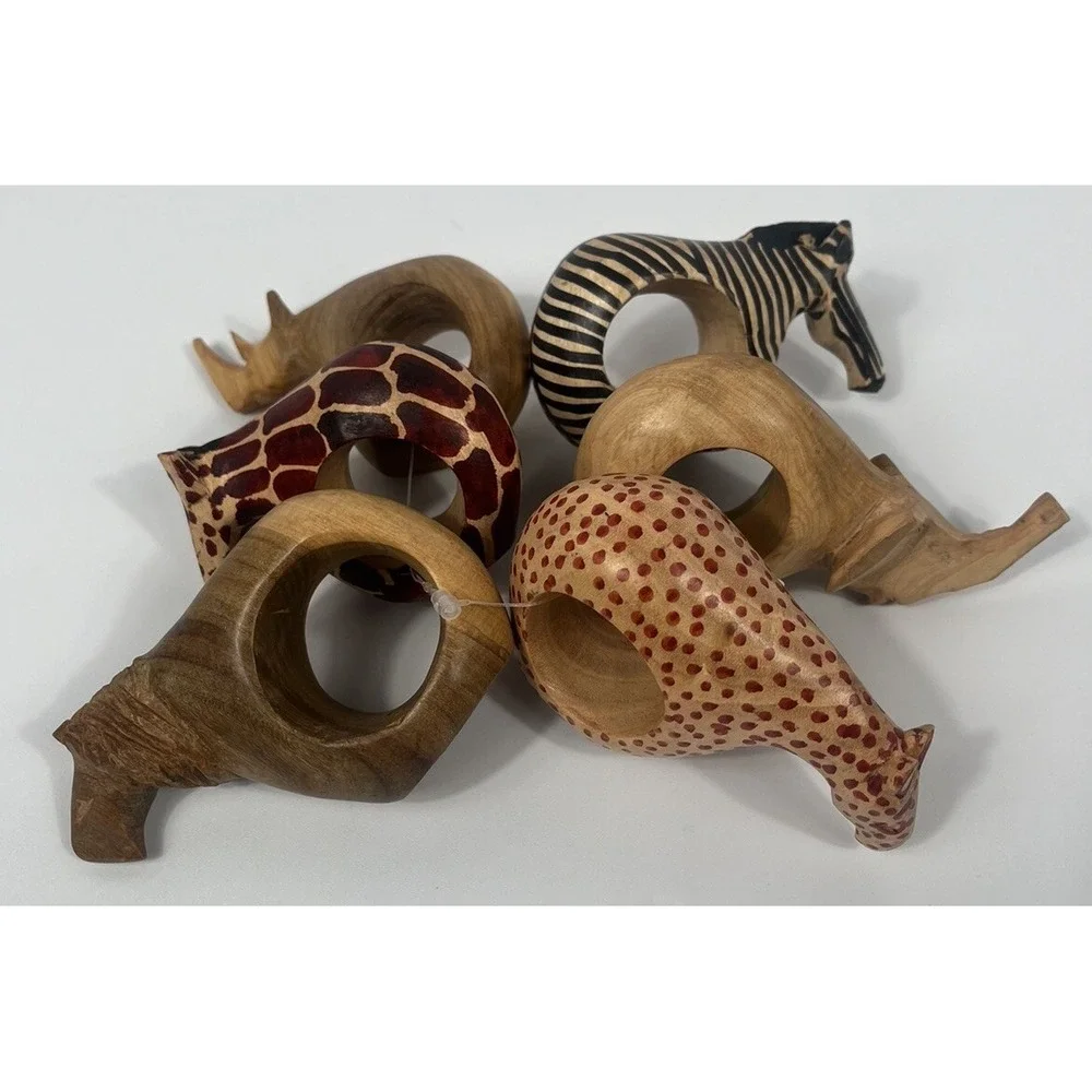Hand Carved African Safari Animals Wood Napkin Rings Set of 6 Tribal Folk Art